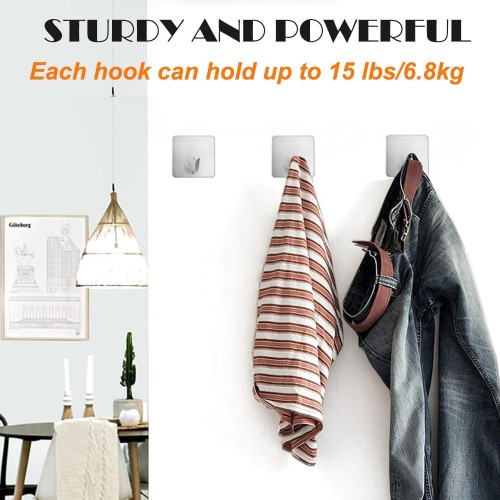 304 Brushed Stainless Steel Adhesive Hooks, Modern Self-Adhesive Wall Hooks for Bathroom Kitchen