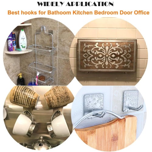 304 Brushed Stainless Steel Adhesive Hooks, Modern Self-Adhesive Wall Hooks for Bathroom Kitchen