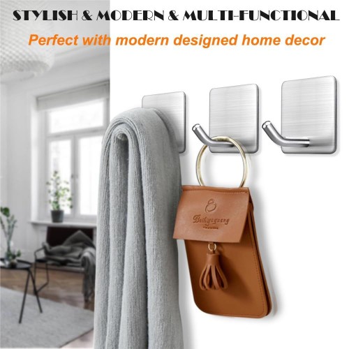 304 Brushed Stainless Steel Adhesive Hooks, Modern Self-Adhesive Wall Hooks for Bathroom Kitchen